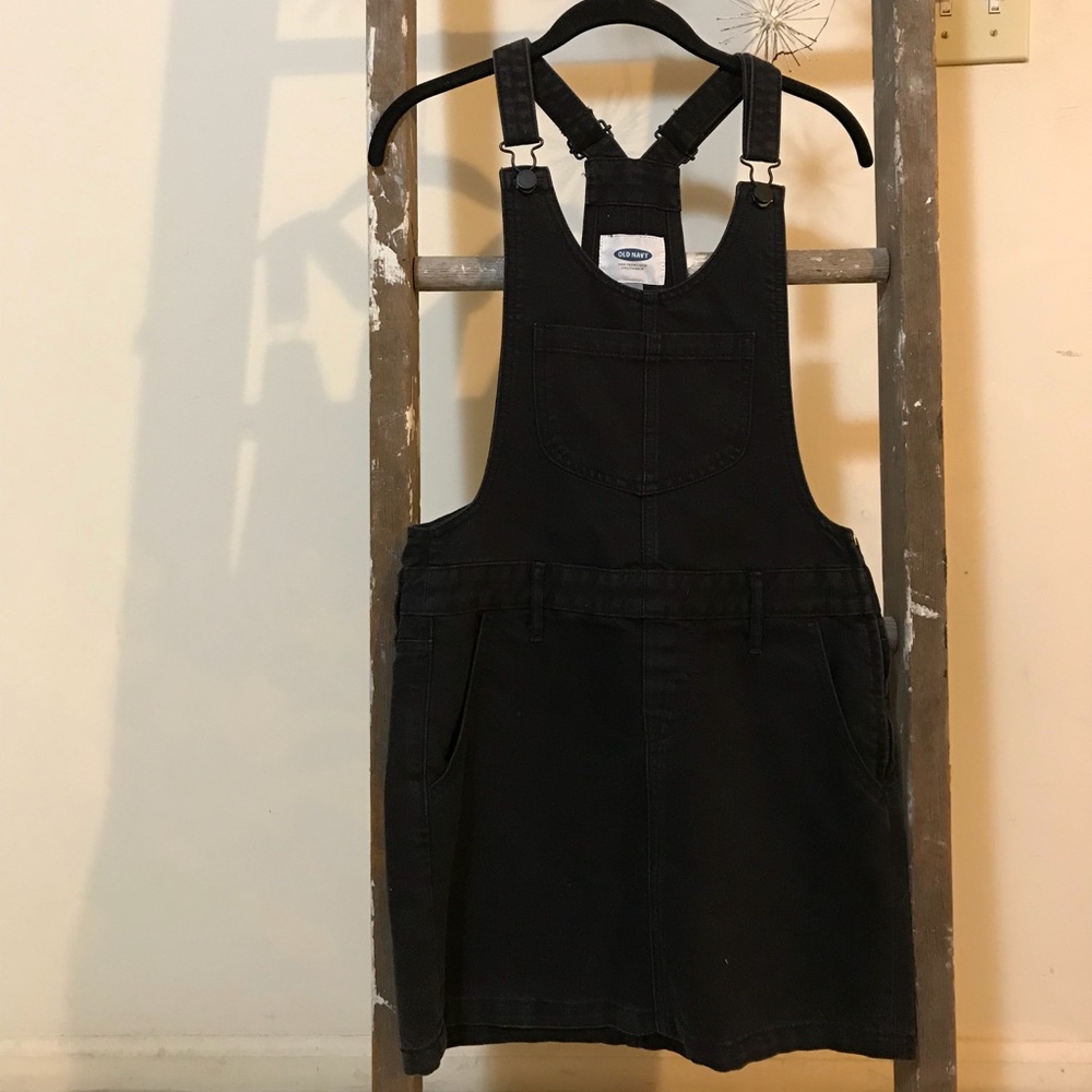 Black denim overall mini skirt dress